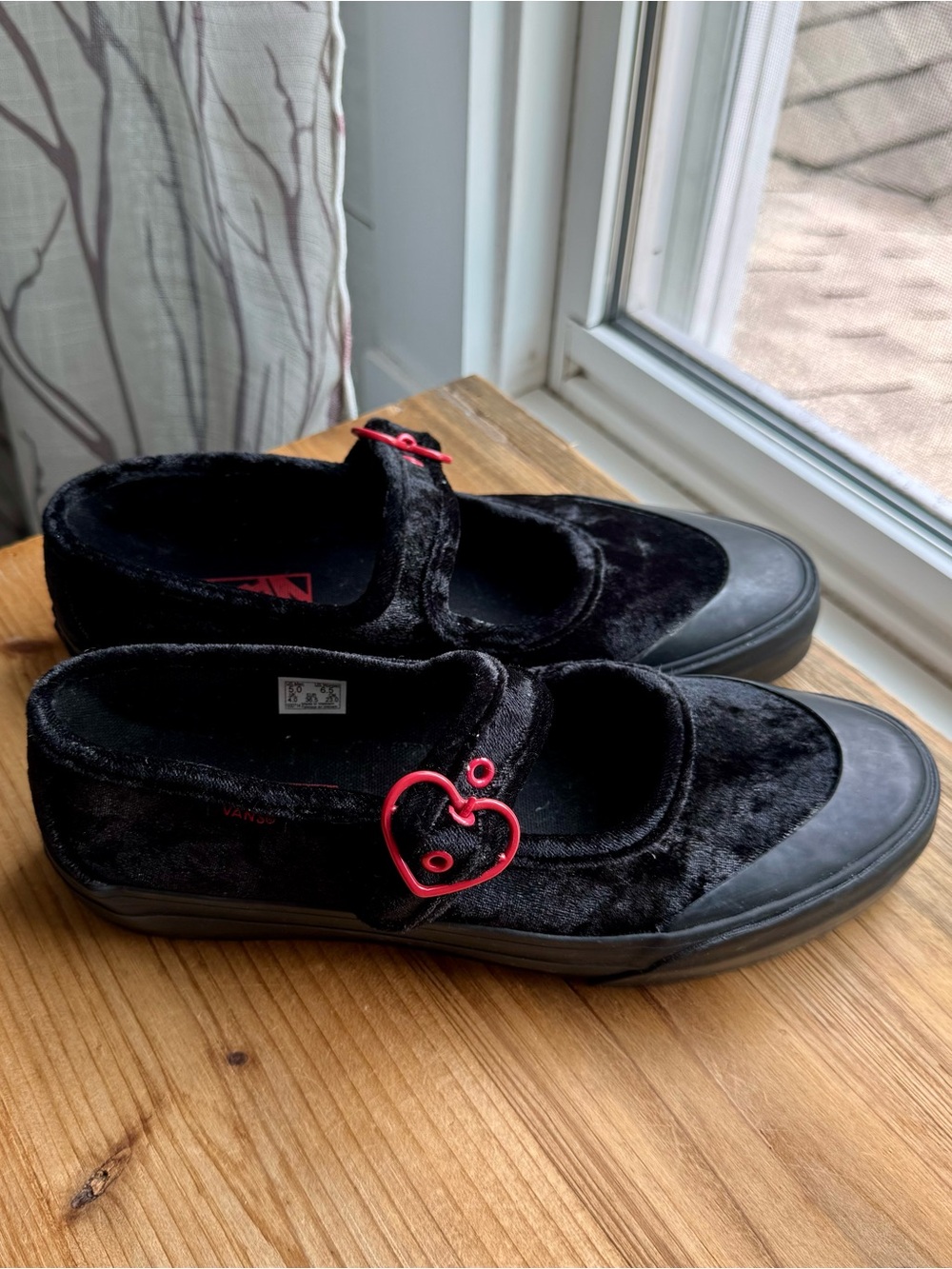 Vans Black Velvet Mary Jane Sneakers with Red Heart Charm 6.5